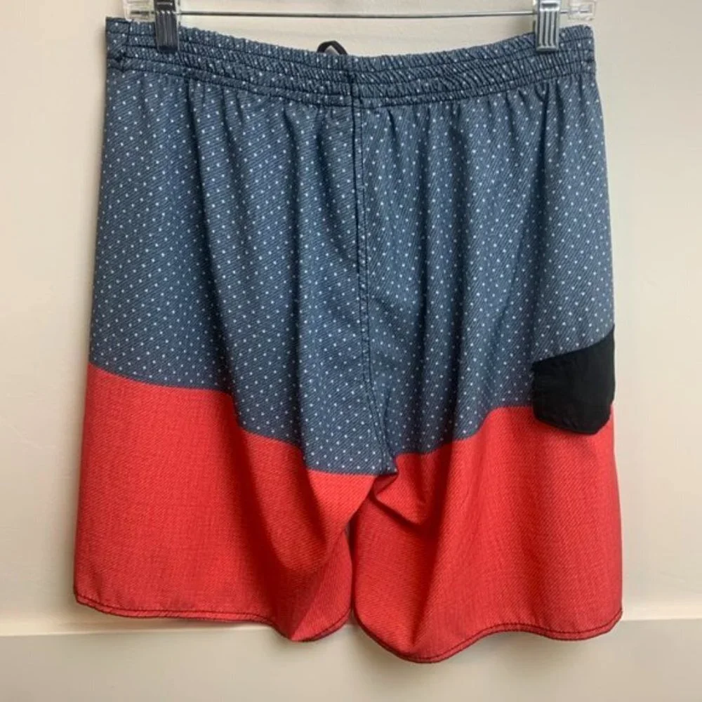 B. Split Red & Blue Colorblock Swim Trunks